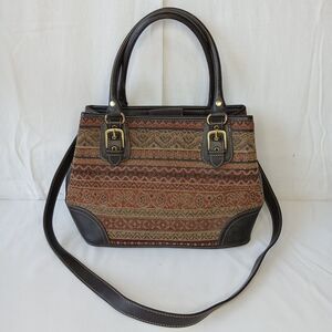 Relic By Fossil Woman’s Purse Brown Carpet Bag Leather Zippered Handles Straps